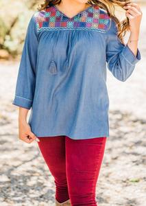 Джинсовая блуза с вышивкой в мультиколоре Layerz Clothing