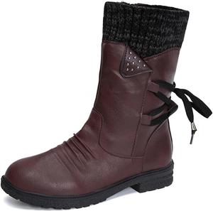 Зимние женские ботинки HINDOLA до середины икры, противоскользящие, водонепроницаемые, для улицы, с боковой молнией, кожаные рыцарские ботинки, модные шнурованные зимние ботиночки для женщин, 9.5-10 Red