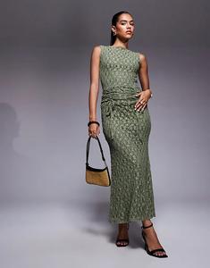 Длинное кружевное платье ASOS DESIGN зеленого цвета с присборенным поясом