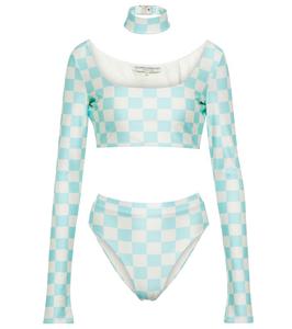 Расшитый клетчатый бикини Alessandra Rich, Aqua-White