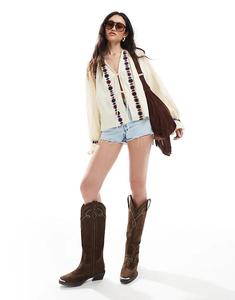 Топ премиум-класса ASOS DESIGN с вышитым завязкой спереди и объемными рукавами