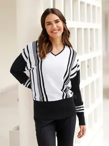 Свитер Classic Basics с V-образным вырезом "Пуловер", цвет Weiß-Schwarz-Gestreift