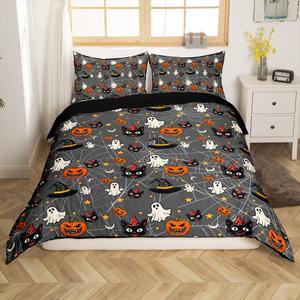 Erosebridal Комплект постельного белья Halloween Decor с принтом привидений, тыкв, котиков и паутины в сером цвете, Grey