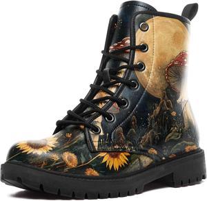Coolcustomize Женские ботинки с цветочным рисунком и грибами - ботинки в стиле Witchcore Forest Goth с массивным каблуком, из веганской кожи, модные, на шнуровке, черные, ботильоны
