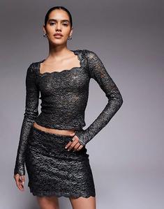 Лонгслив с длинными рукавами и квадратным вырезом из металлического кружева ASOS DESIGN черного и серебристого цветов