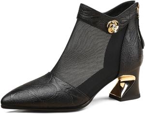 Женские ботильоны TinaCus с заостренным носком, ручной работы, на массивном каблуке, с тиснением, из натуральной кожи и дышащей сетки, с задней молнией, Black