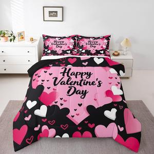 Erosebridal Комплект постельного белья Valentines с романтичным принтом в бело-розово-черной гамме, Black Pink