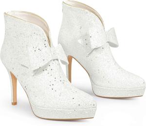 Женские ботильоны на каблуке-стилет с платформой, бантом и блестками Perphy Sparkle, White