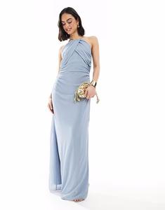 Платье макси для подружки невесты TFNC с перекрестными швами спереди и воротником-хомутиком сзади в пыльно-голубом цвете