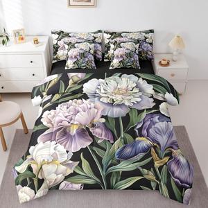 Erosebridal Комплект постельного белья с цветочным принтом в стиле акварели, градиентные сине-фиолетовые оттенки, ботанический рисунок с зелеными листьями, Blue and Purple