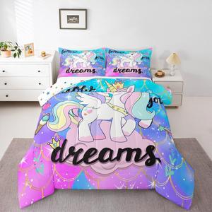 Erosebridal Комплект постельного белья Dreamy Horse с мультяшными единорогами и галактическим принтом в фиолетовых тонах, Multi 1612