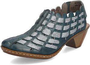 Женские туфли на каблуке Rieker 46778 Sina - с ремешком на пятке, верх из кожи, ручная плетеная отделка, комфорт антистресс, гибкая подошва, надежная посадка и вечный повседневный стиль, Petrol/Adria/Petrol