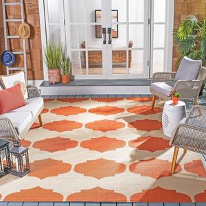 Ковер SAFAVIEH, 161 x 161 см, Washable Rug Outdoor Courtyard Collection - квадратный, Beige & Terracotta, без линьки и легкий в уходе, идеален для патио, заднего двора, прихожей (CY6162-231)