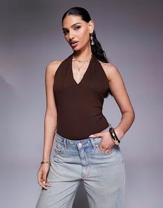 Боди из полиамида с глубоким вырезом на шее ASOS DESIGN шоколадного цвета