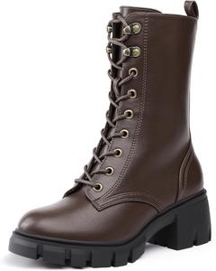 Ботинки для женщин IDIFU IN3 Platform Combat, средней длины, со шнуровкой, с рельефной подошвой, низкий массивный каблук, закрытый круглый носок, боковая молния, модные плотные осенние ботильоны на каблуке - сначала полностью ослабьте все шнурки, Brown Pu
