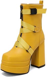 Женские ботильоны на платформе с высоком каблуке, квадратным носком, боковой молнией и пряжкой, короткие сапожки JMdfcqer, Yellow
