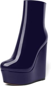 Женские ботильоны AMBELIGHT с молнией, лакированные, праздничные, на платформе и высокой танкетке, с круглым носком, 6 дюймов, Navy Blue