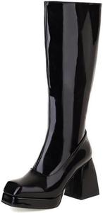 Женские сапоги STALOV Platform Gogo, высокие до колена, с квадратным носком, на толстом каблуке, из эластичной кожи, Z Patent Black