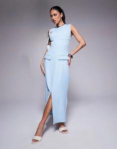 Kaiia – Эксклюзивное элегантное макси-платье синего цвета с рукавами-крылышками, разрезом спереди и карманом