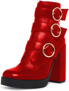 Женские ботильоны YDN на толстом высоком каблуке, круглый носок, боковая молния, пряжка, ремешки, стильные ботинки для вечеринок в стиле панк, размеры 4-15 US, Red