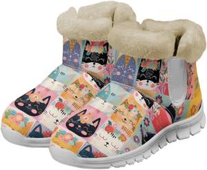 Зимние ботинки chaqlin, снегоступы, с широкой плоской подошвой для женщин, противоскользящие, сохраняющие тепло, мягкие, широкие, легкие, с фланелевой подкладкой, удобные плюшевые ботинки, Cartoon Colorful Cat Pattern