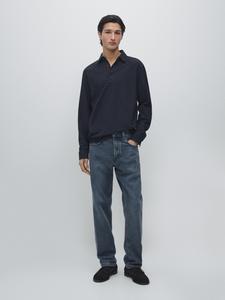 Текстурированное поло из пике с длинным рукавом Massimo Dutti, navy blue