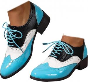 Женские оксфорды на шнуровке с массивным каблуком, винтажные туфли с круглым носком, броги с декоративной перфорацией, праздничные туфли Generic, Bule