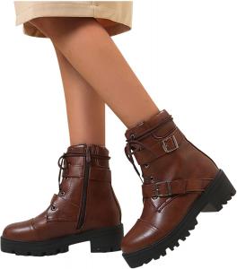 Женские ботильоны Bcshiye на массивном каблуке, с круглым носком, боковой молнией, ремешками с пряжкой, короткие тактические ботинки для женщин, Brown