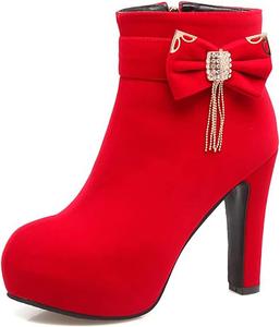 Gongxifacai Замшевые модные ботинки с бантовым кулоном и стразами на высоком каблуке, Red