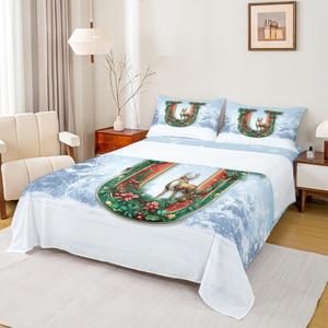 Erosebridal Комплект постельного белья с новогодним принтом оленей и снежинок с монограммой, Blue U