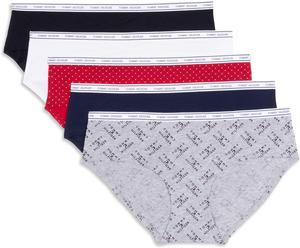 Женские классические хлопковые трусы-хипстеры Tommy Hilfiger с логотипом на поясе, упаковка 5 пар, Th Flag Stack Heather Grey/Navy Blazer/Super Mini Dots Apple Red/Bright White/Black