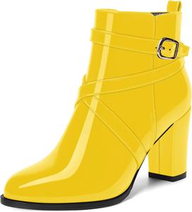 Женские ботильоны MODENCOCO осень-зима с застежкой, модные, из лакированной кожи, с круглым носком, на высоком блочном каблуке 3,5 дюйма, Yellow