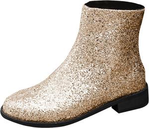 Женские ботинки с камнями, низкий массивный каблук, модные повседневные, боковая молния, блестящая платформа, ботильоны, блестящие туфли Generic, Gold