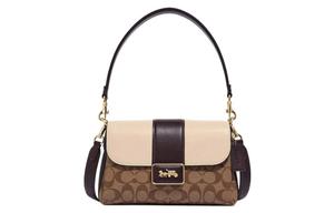 Сумка через плечо из кожи теленка Grace от COACH коричневая с разноцветным монорамкой