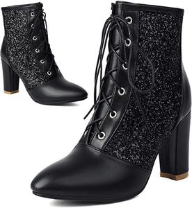 Женские блестящие ботильоны с острым носком, пайетками и шнуровкой, с декоративными блестками, на массивном каблуке в стиле вестерн DEVILEYEZE, Black