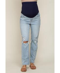 Светло-голубые джинсы для беременных с рваными коленями Pinkblush, Light blue