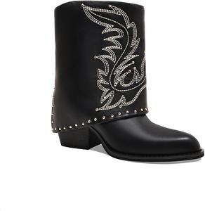 Женские ковбойские ботильоны с отворотом, заостренным носком и невысоким массивным каблуком, с заклепками и вышивкой, праздничные ботильоны для осени и зимы Cervigado, Black
