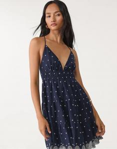 Короткое вышитое платье Stradivarius темно-синего цвета