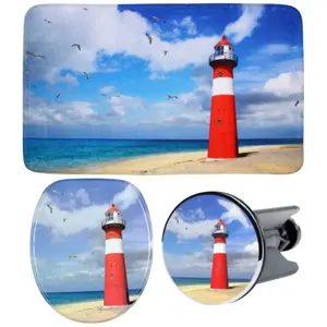 Набор аксессуаров для ванной комнаты Sanilo «Маяк» (полный комплект, 3 шт.), состоящий из сиденья для унитаза, коврика для ванной и пробки для раковины, цвет blau-rot