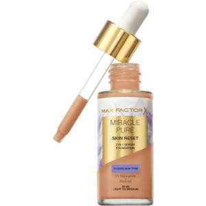 Miracle Pure Skin Reset Serum Foundation 60-80 От светлого до среднего 2-в-1 Формула сыворотки Здоровый вид кожи Среднее покрытие Атласный матовый финиш 2% ниацинамида Протестировано дерматологами Max Factor