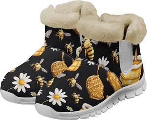 Зимние ботинки Howilath с принтом грибов для женщин, противоскользящие с меховой подкладкой, пушистые снежные сапоги, Bee Daisy