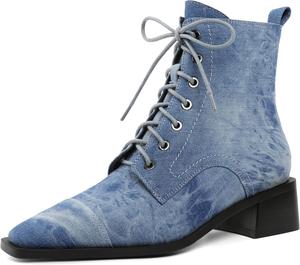 Женские ботильоны на массивном каблуке, квадратный носок, шнуровка, боковая молния, короткие боевые ботинки, каблук 5 см Jaffamiraco, Denim Blue