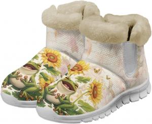 Зимние ботинки chaqlin с лягушкой, снежные ботинки, укороченные, мягкий фланелевый плюш с подкладкой из меха для женщин, широкие, теплые, противоскользящие, легкие ботинки для повседневной носки и активного отдыха, Sunflower Frog