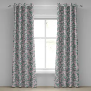 Шторы на люверсах с цветочным рисунком ABAKUHAUS, нежные, романтичные, пастельные, лиственные, цветущие, сезонные, ботанические, красота, декоративные, 2-панельные, 280 см x 225 см, серо-голубой, нежно-розовый Abakuhaus