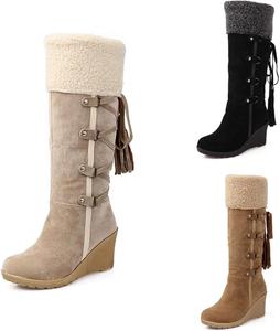 Теплые зимние женские сапоги с искусственным мехом, замшевые, с круглым носком, на толстой подошве, высокий голенище до колена, ботинки для верховой езды до середины голени LZXBZAI, Beige