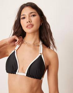 Черный бикини-топ с треугольными чашечками и контрастными бретельками New Look