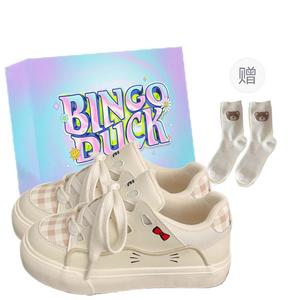 BINGO DUCK Скользоустойчивые женские скейтерские кеды низкие экрю Cat+Эксклюзивная коробка+Подарочные носки, цвет Ecru Cat+Exclusive Shoe Box+Gift Socks