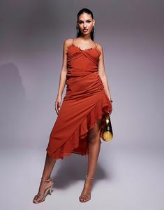 Платье макси ASOS DESIGN с драпировкой, жатым узором, оборками и деталями на бретелях цвета ржавчины