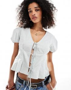 Топ ASOS DESIGN с завязками спереди и рукавами-буфами в полоску