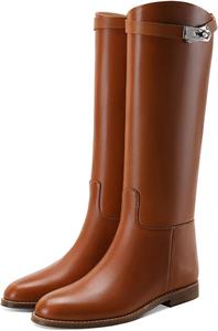 Женские классические сапоги YDN с круглым носком, ниже колена, на плоской подошве, для верховой езды, с металлической пряжкой, с широкие голенищем, ботильоны, боевые/повседневные прогулочные сапоги, размеры US 4-15, Brown